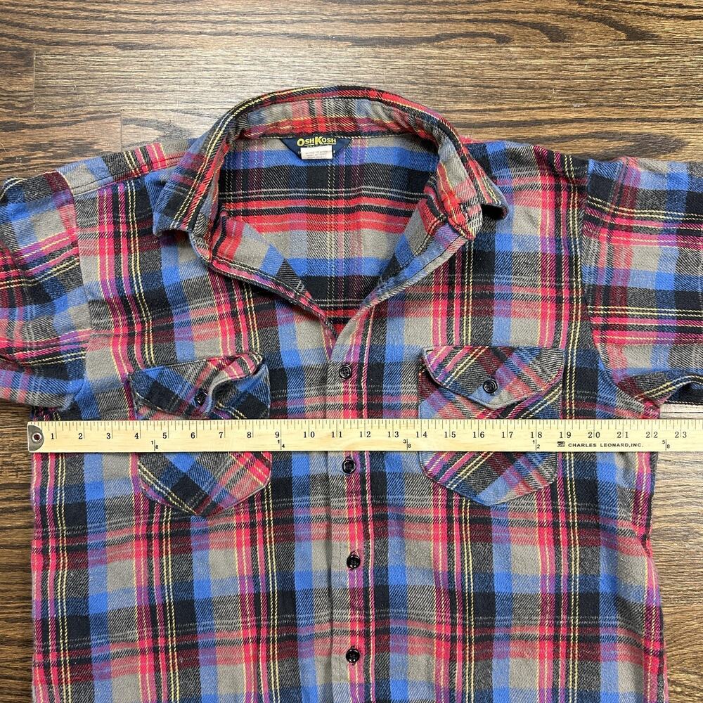 Vintage OshKosh B'Gosh Mens Large Plaid Flannel Button Down Shirt Blue Red Grey - Picture 7 of 11